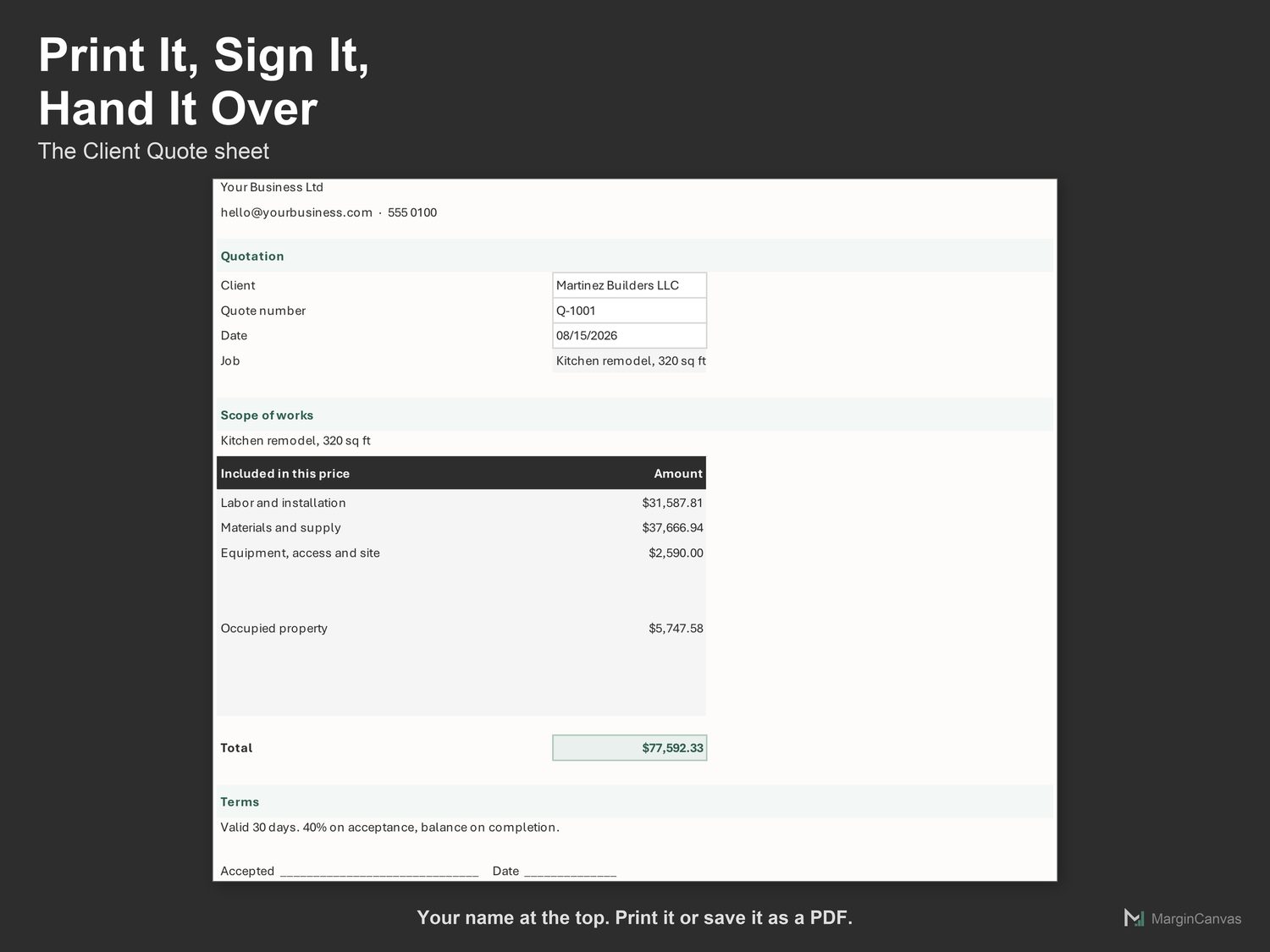Printable client quote page showing prices only, with no costs shown