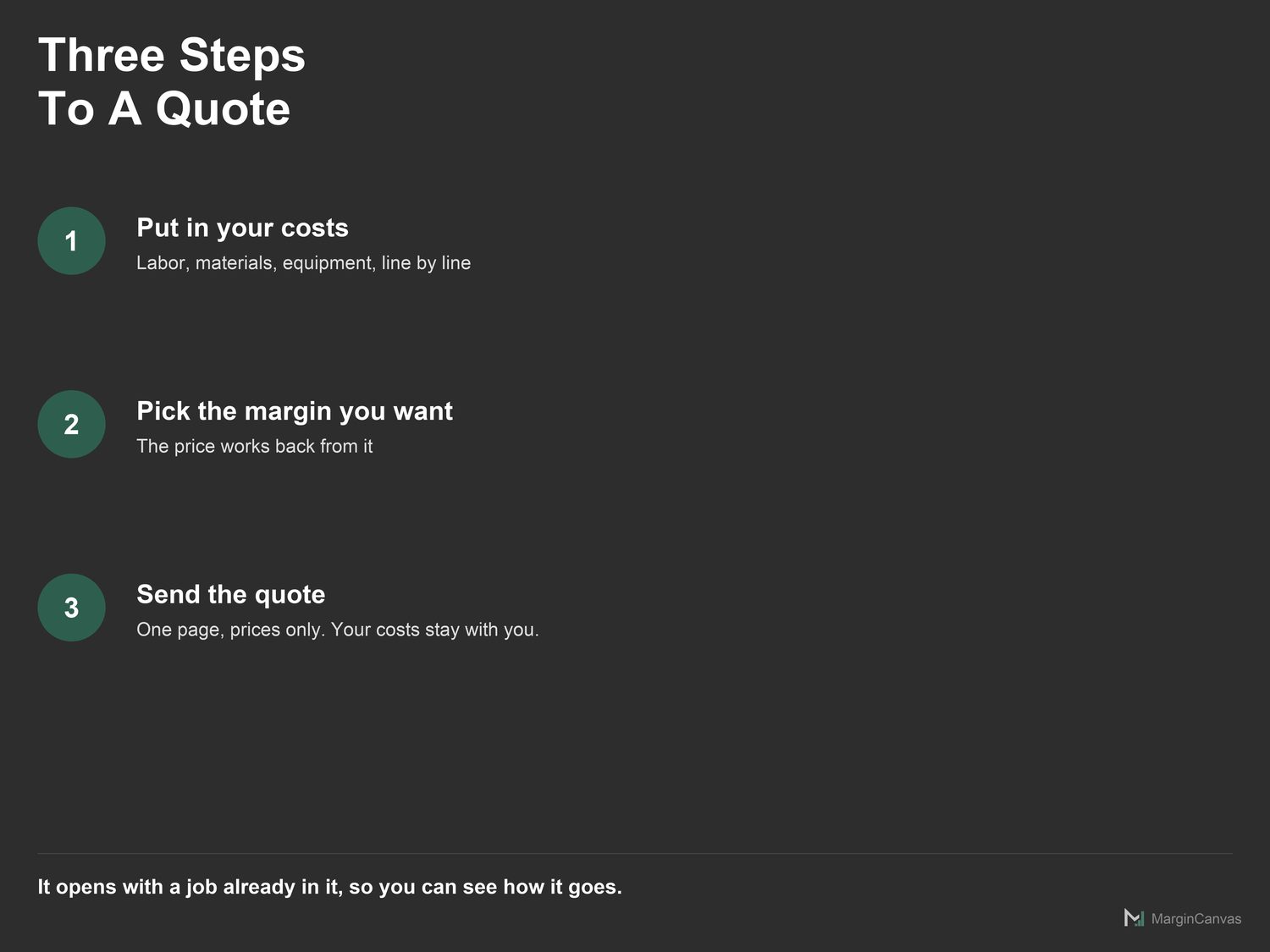Three steps to build a contractor quote: enter costs, set margin, send it