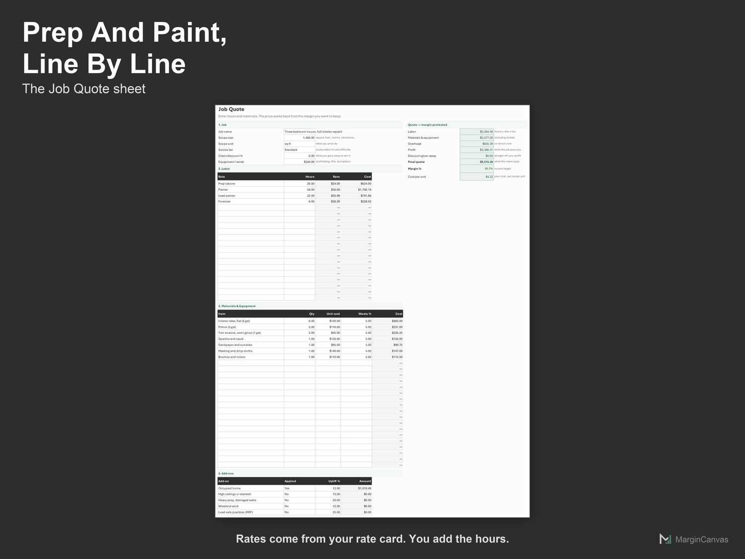 Job Quote sheet with prep and painting hours, materials and add-ons
