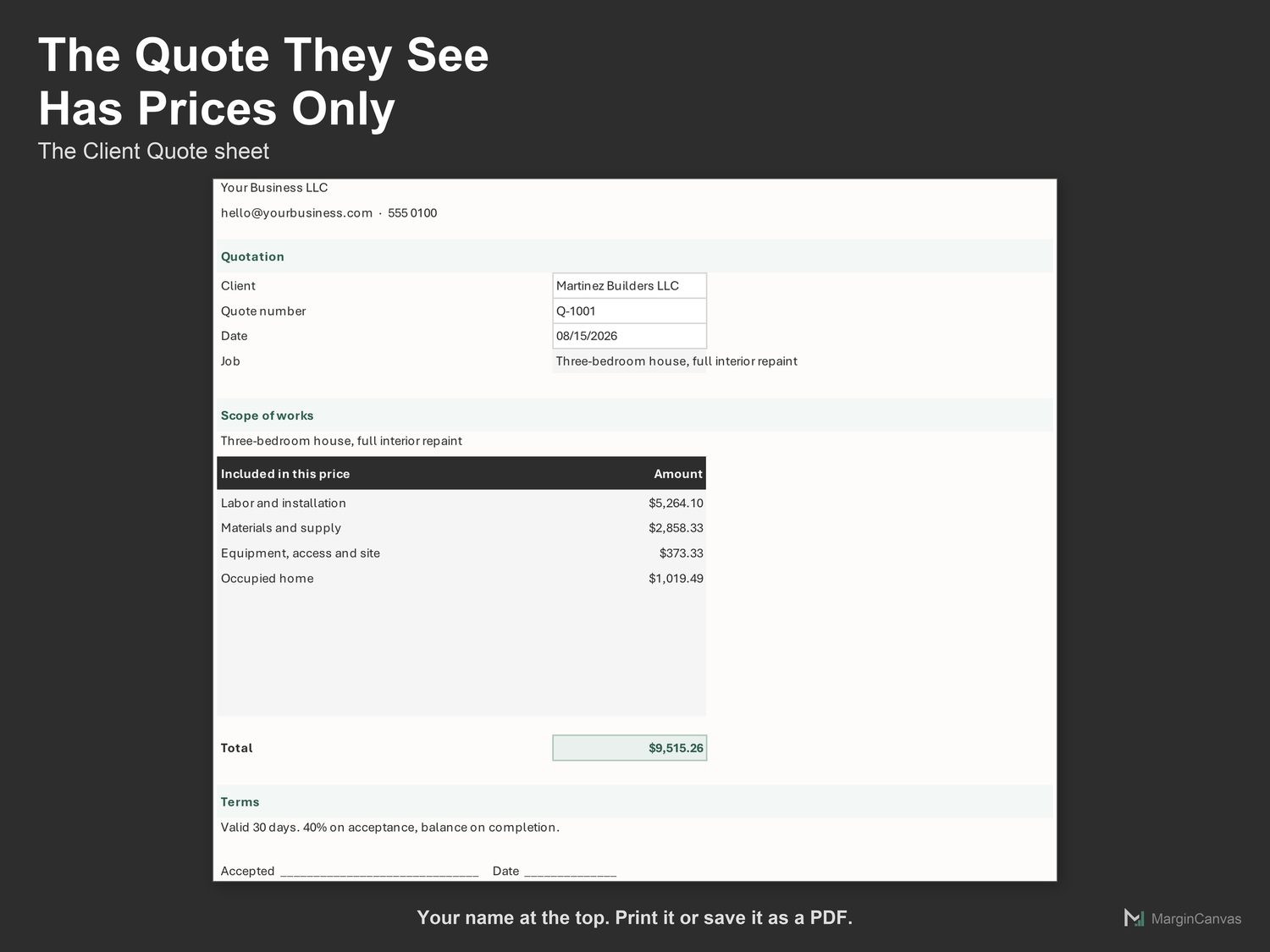 Client Quote sheet, a printable one page quote with prices only