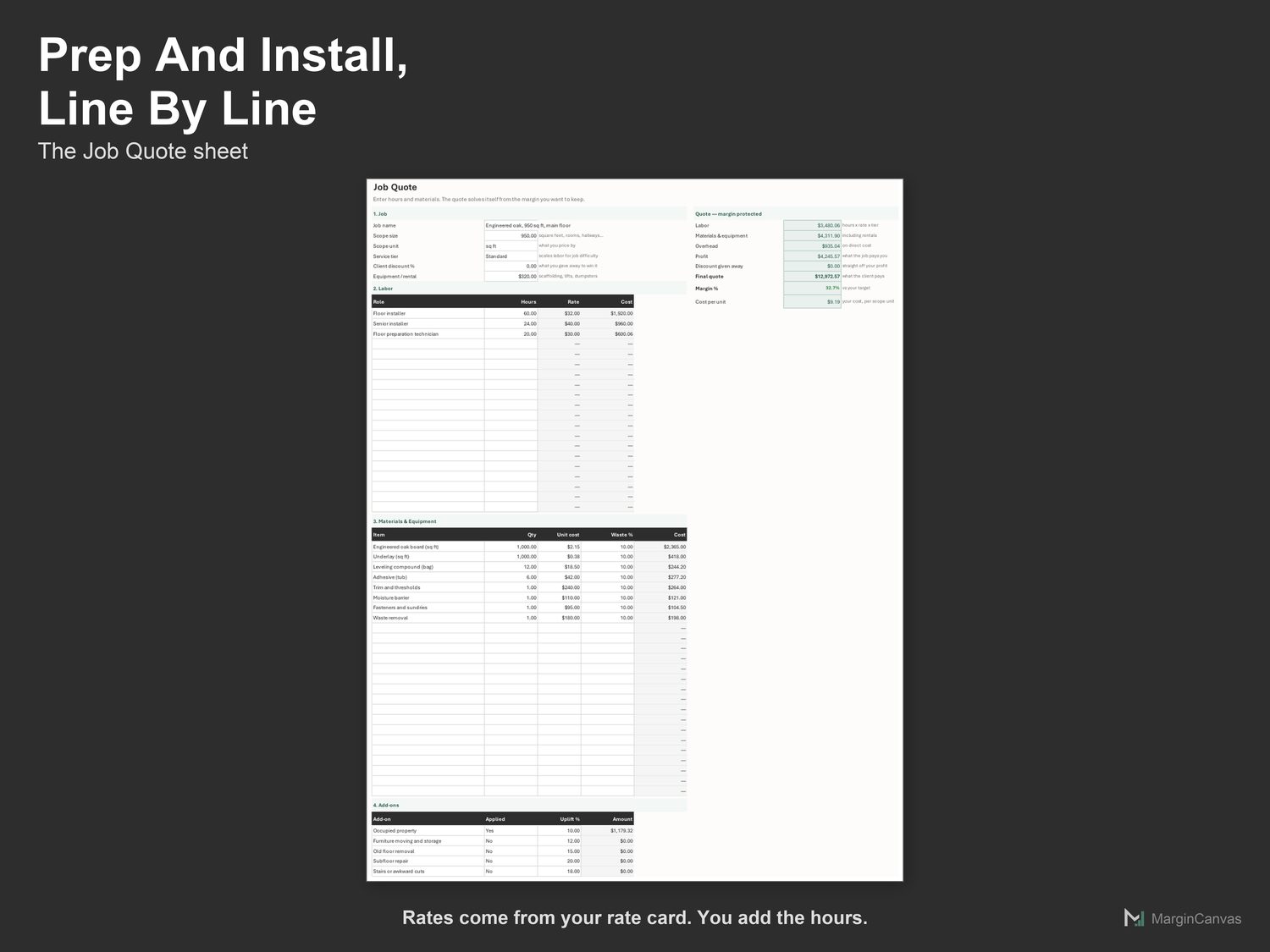 Job Quote sheet with prep and install hours, materials and add-ons