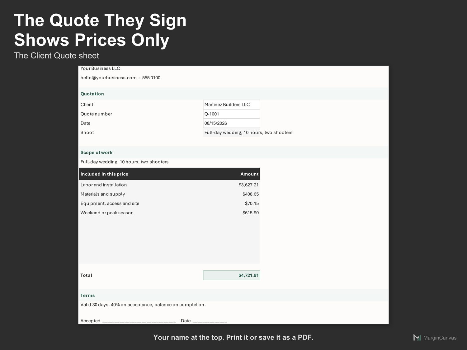 Client Quote sheet, a printable one page quote with prices only