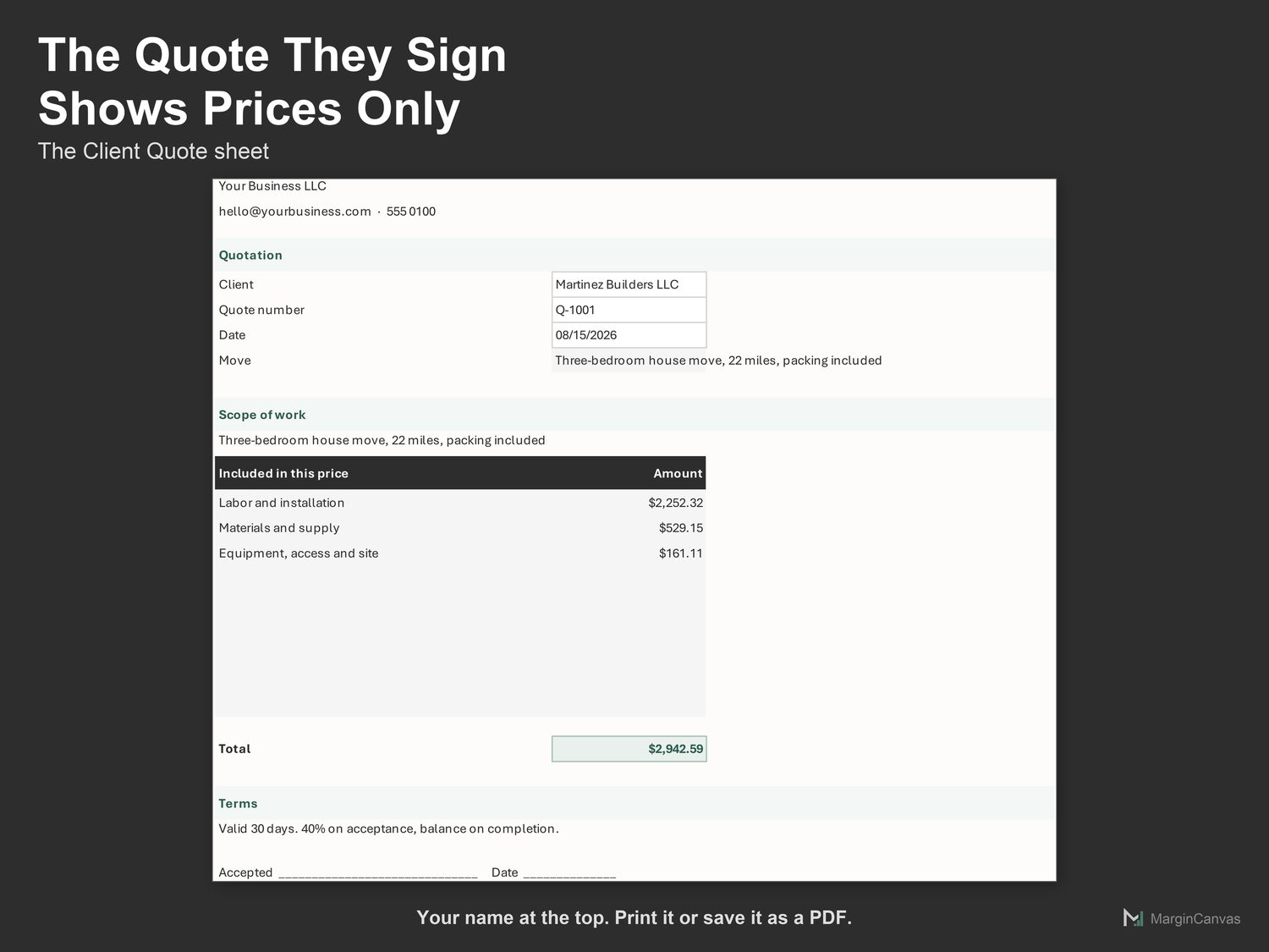 Client Quote sheet, a printable one page quote with prices only