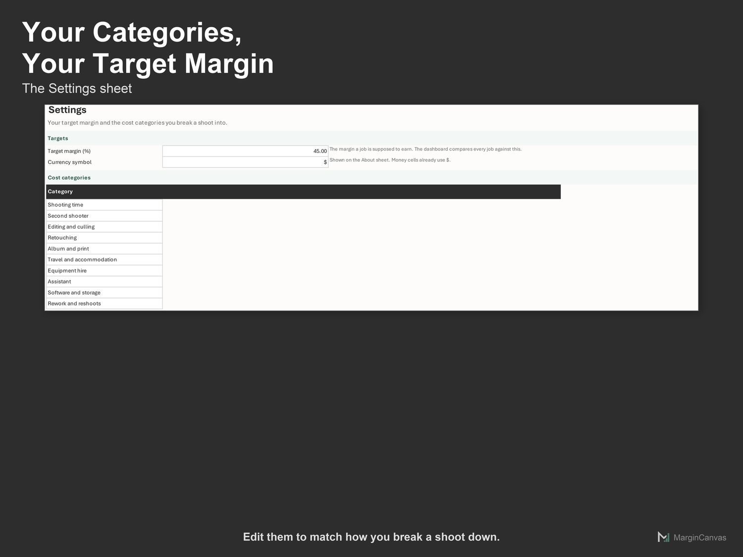 Settings sheet with target margin and cost categories