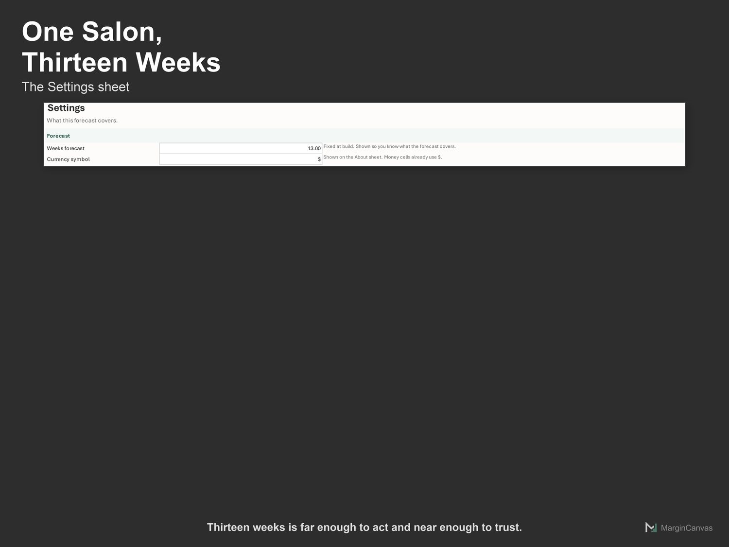 Settings sheet covering thirteen weeks of one salon