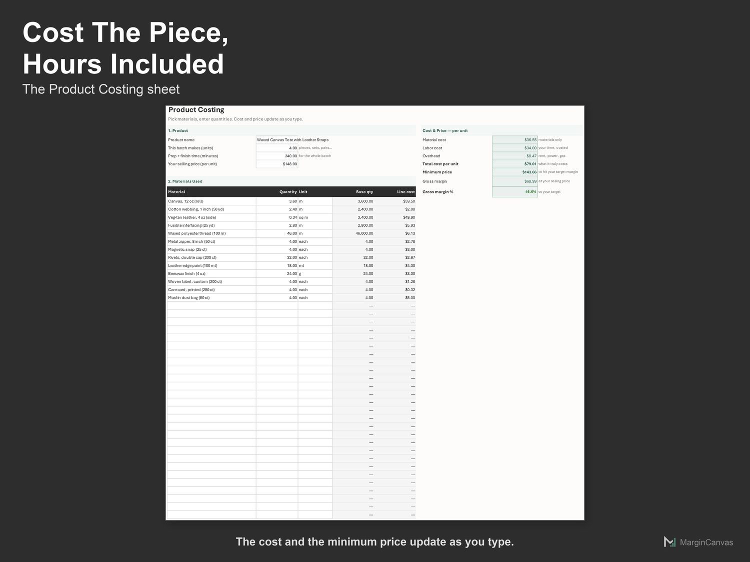 Product Costing sheet with materials, labor and cost per piece