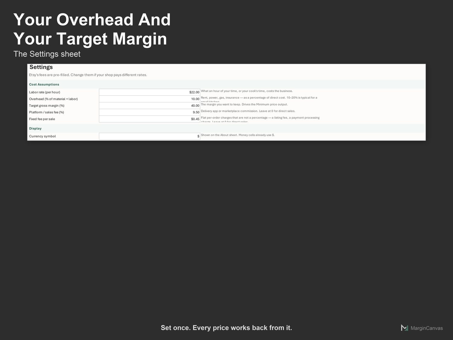 Settings sheet with fee rates, target margin and shipping